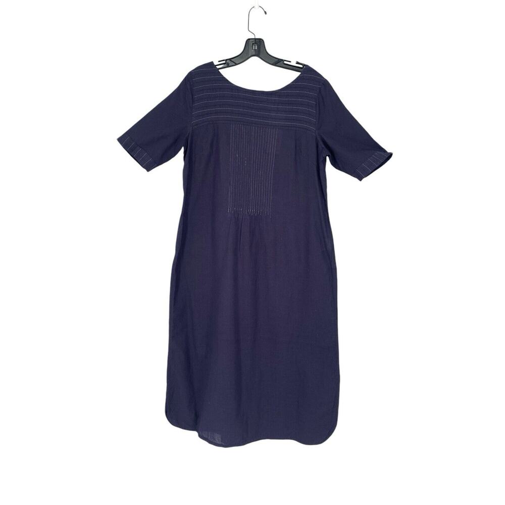 Fabindia NWT Pin Tuck Cotton Dress Indigo Boat Neck Elbow Sleeve Large